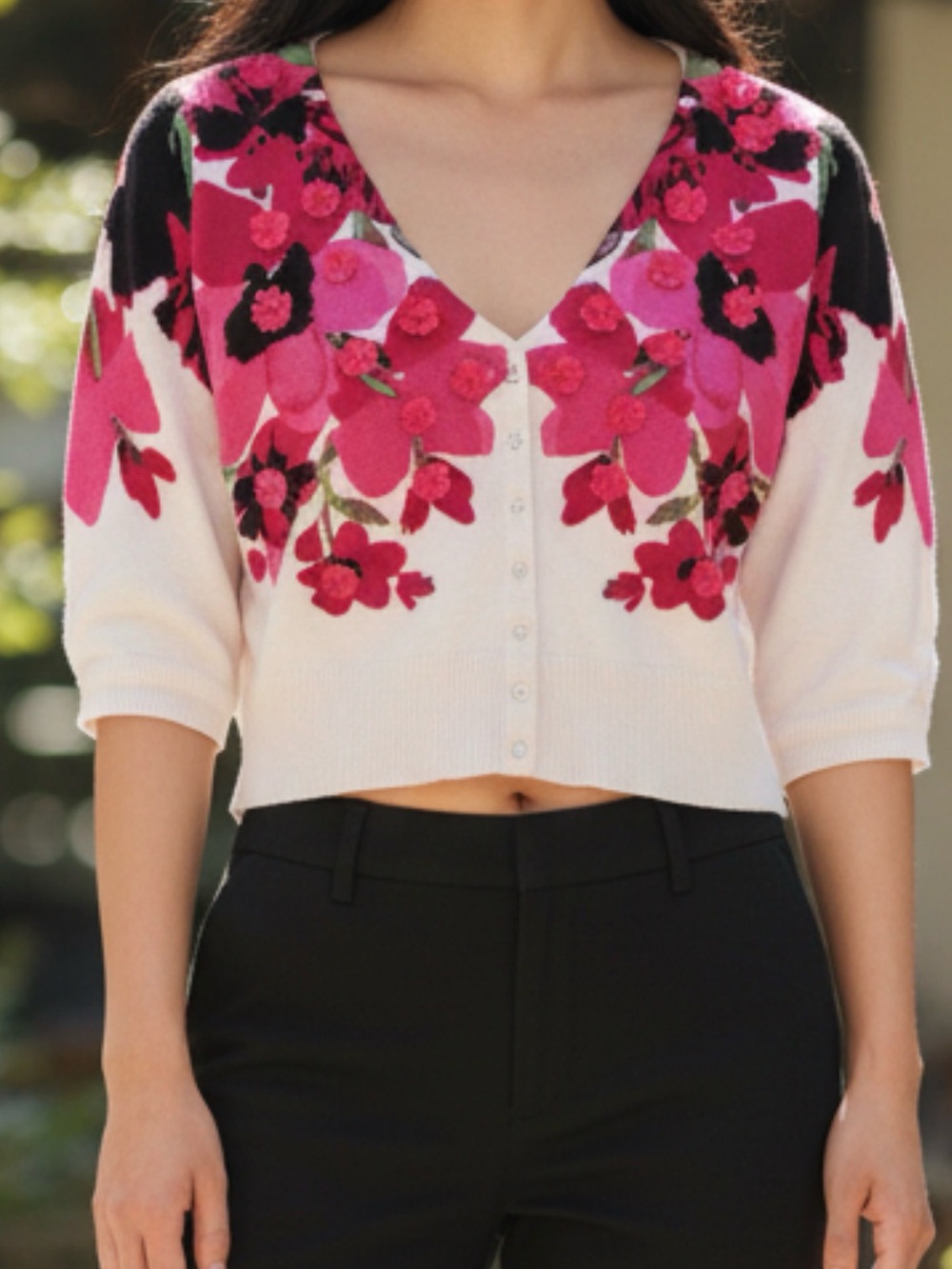 INC International Concepts White V-Neck Cardigan with Pink Floral Print